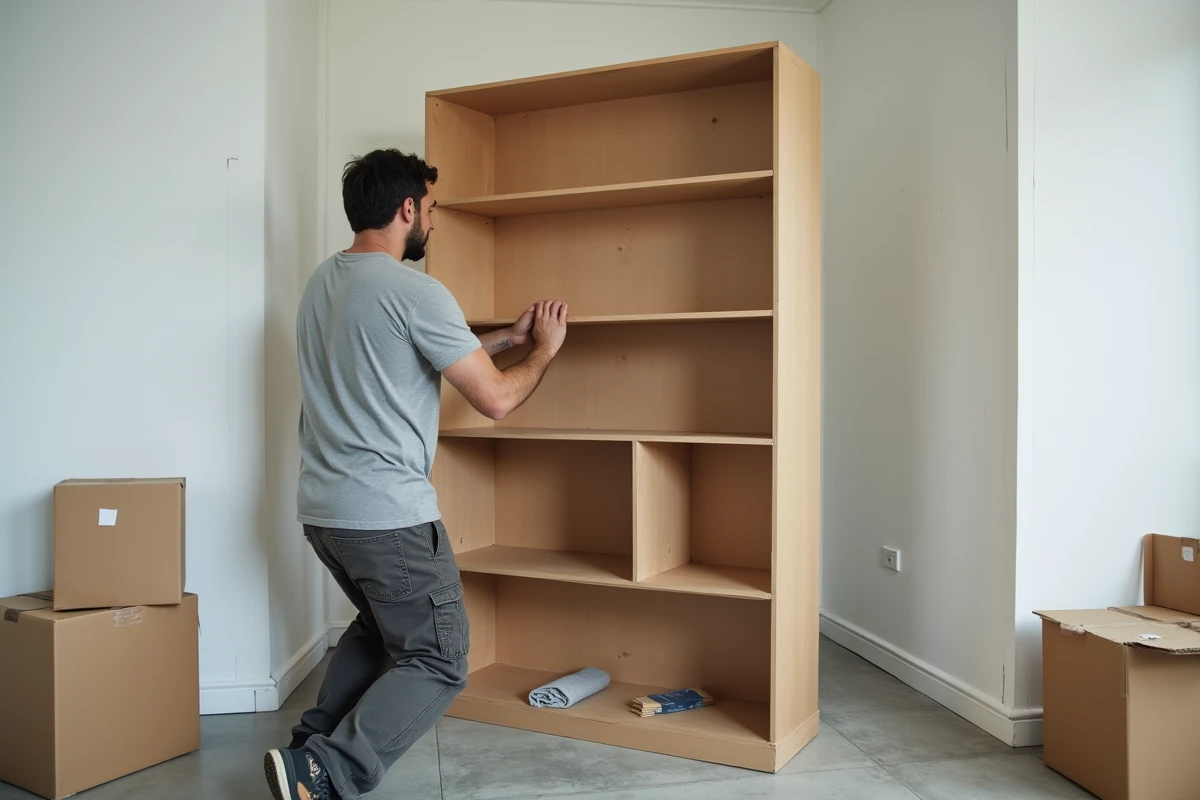 Jeune homme assemblant une étagère en kit pour meubler son appartement à moindre coût