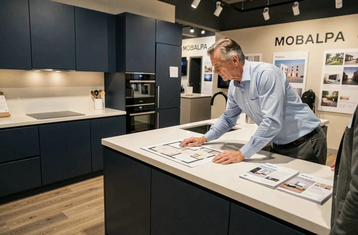 Cuisine Mobalpa Montélimar exposée en showroom avec un conseiller présentant un plan de cuisine bleu marine sans poignées