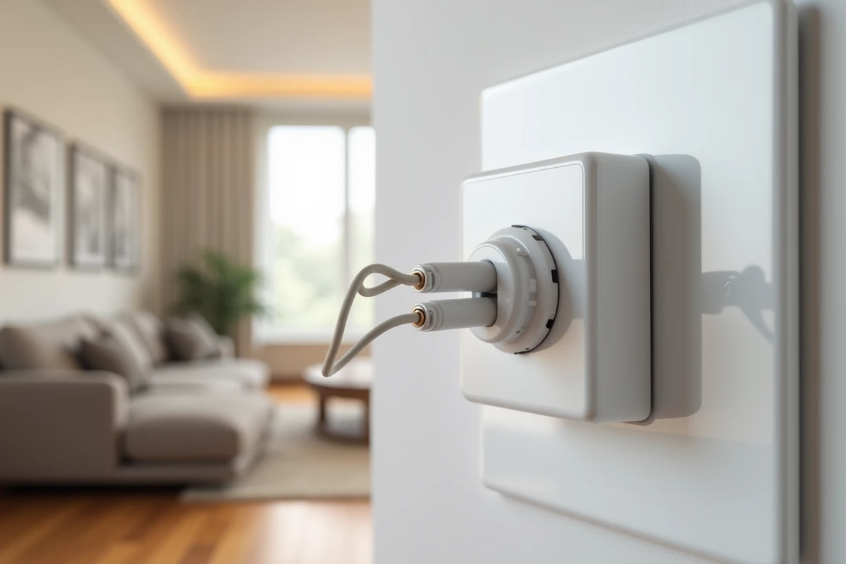 Module Yokis va et vient sans neutre connecté sur plaque murale blanche avec câblage phase visible