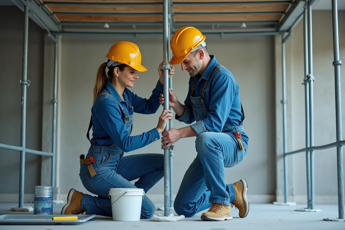 Deux ouvriers montant un échafaudage tubulaire avant la peinture d'un grand plafond en appartement