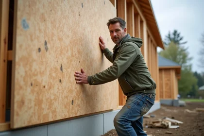 Poseur de panneau OSB sur ossature bois extérieure lors d'un chantier de construction résidentiel
