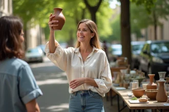 Femme négociant le prix d'un vase vintage lors d'un vide grenier en plein air dans les Hauts-de-Seine
