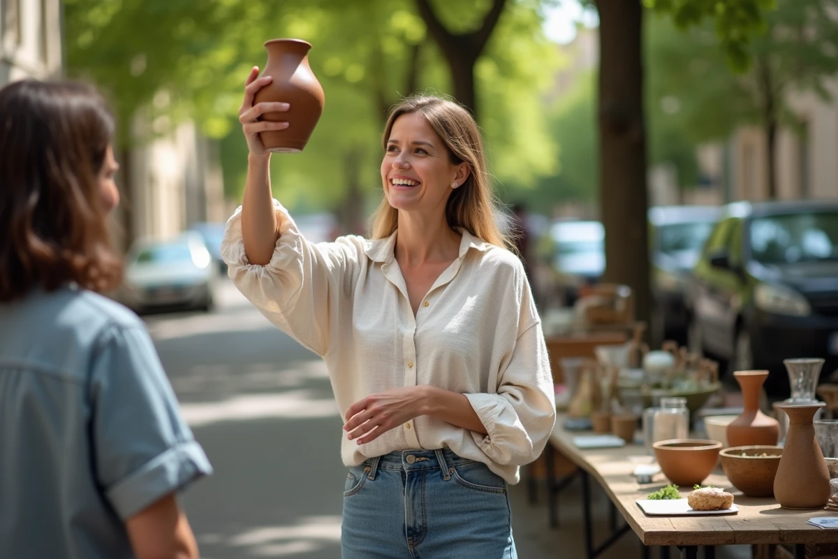 Femme négociant le prix d'un vase vintage lors d'un vide grenier en plein air dans les Hauts-de-Seine