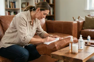 Femme appliquant un nettoyant spécialisé sur un canapé en cuir cognac avec un chiffon microfibre doux