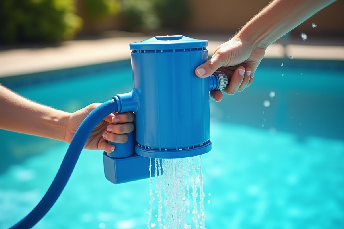 Personne rinçant un filtre de piscine bleu en été avec arrosage