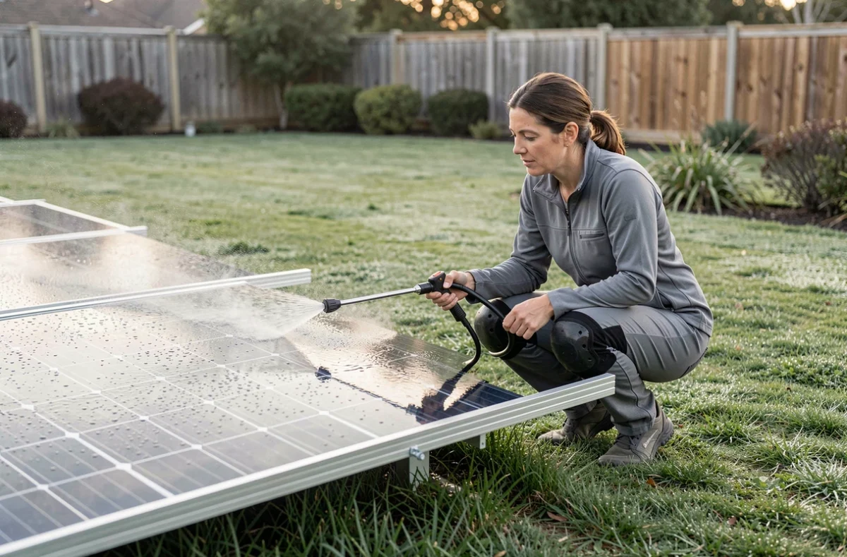 Femme nettoyant des panneaux solaires au sol avec un pulvérisateur d'eau dans un jardin
