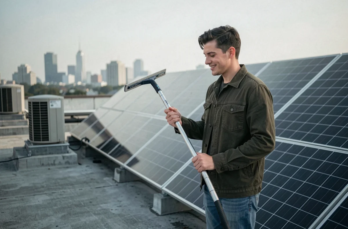 Jeune homme sur un toit commercial nettoyant des panneaux solaires avec un racloir télescopique