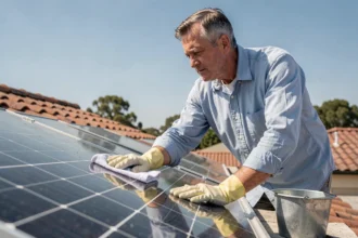 Homme nettoyant un panneau solaire sur un toit résidentiel avec un chiffon microfibre et de l'eau