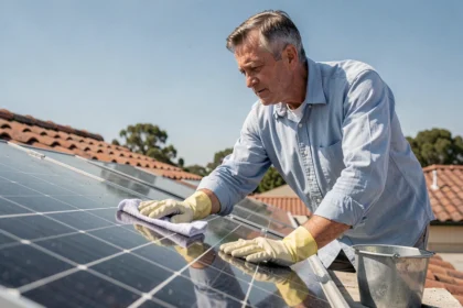 Homme nettoyant un panneau solaire sur un toit résidentiel avec un chiffon microfibre et de l'eau