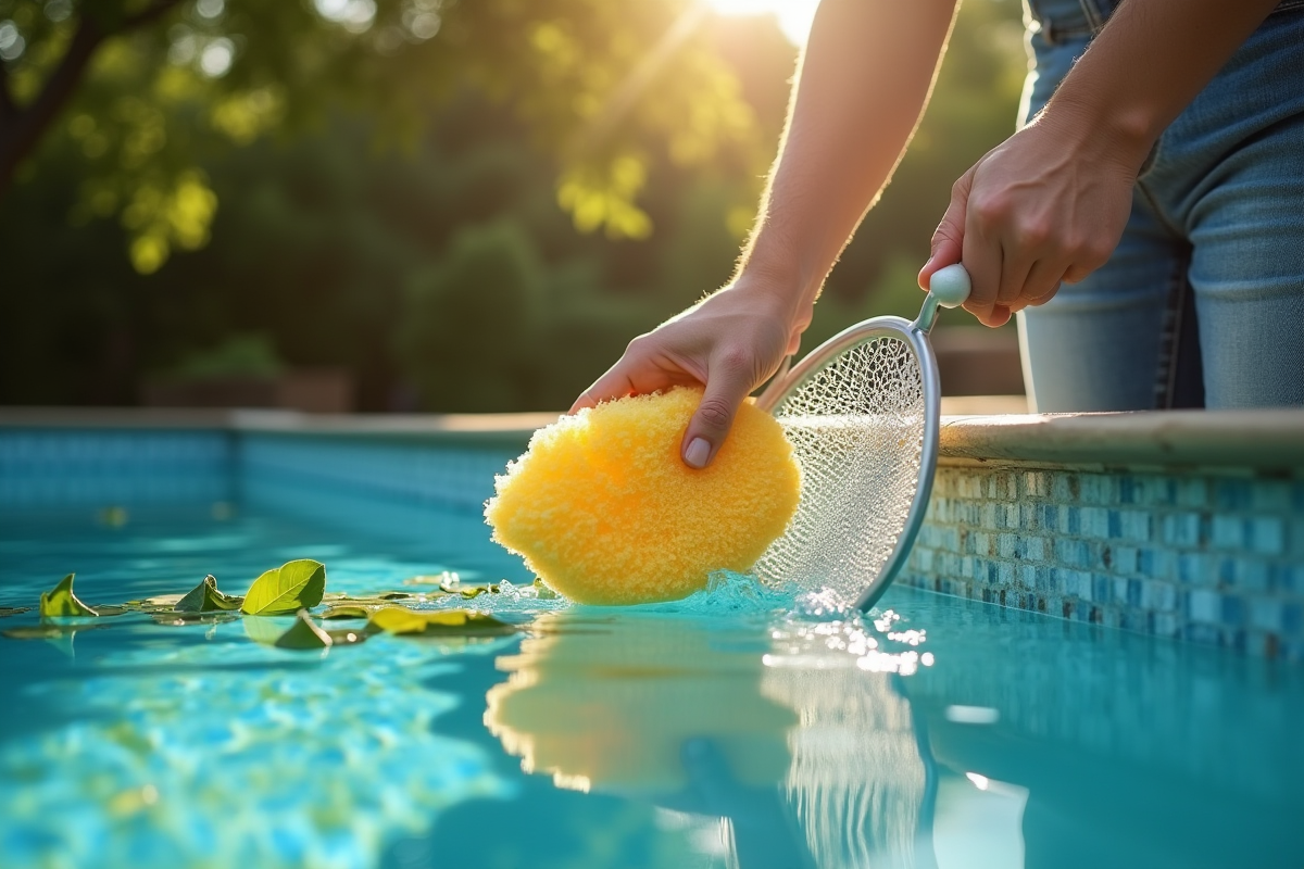Personne nettoyant la piscine avec une éponge naturelle