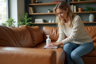 Femme nettoyant un canapé en cuir avec un chiffon doux
