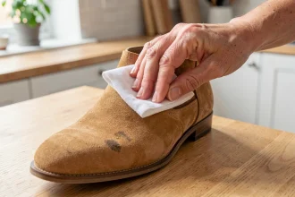 Nettoyage délicat d'une tache sur une botte en daim beige avec un chiffon microfibre blanc sur une table en bois