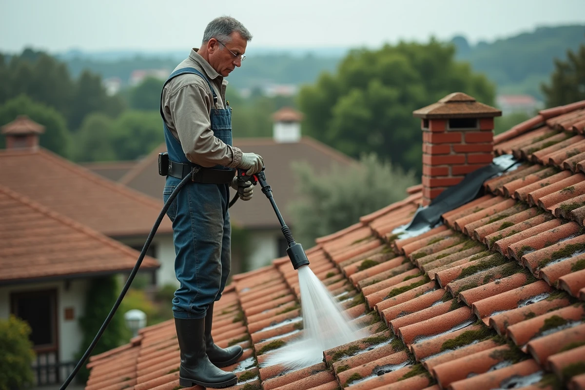 Homme en overalls nettoyant un toit en tuiles anciennes