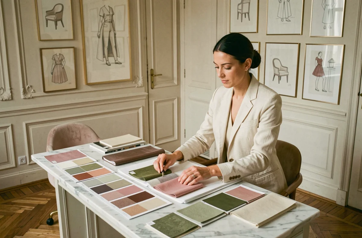Décoratrice d'intérieur Notes de Styles Pau consultant des échantillons de tissus dans son bureau élégant