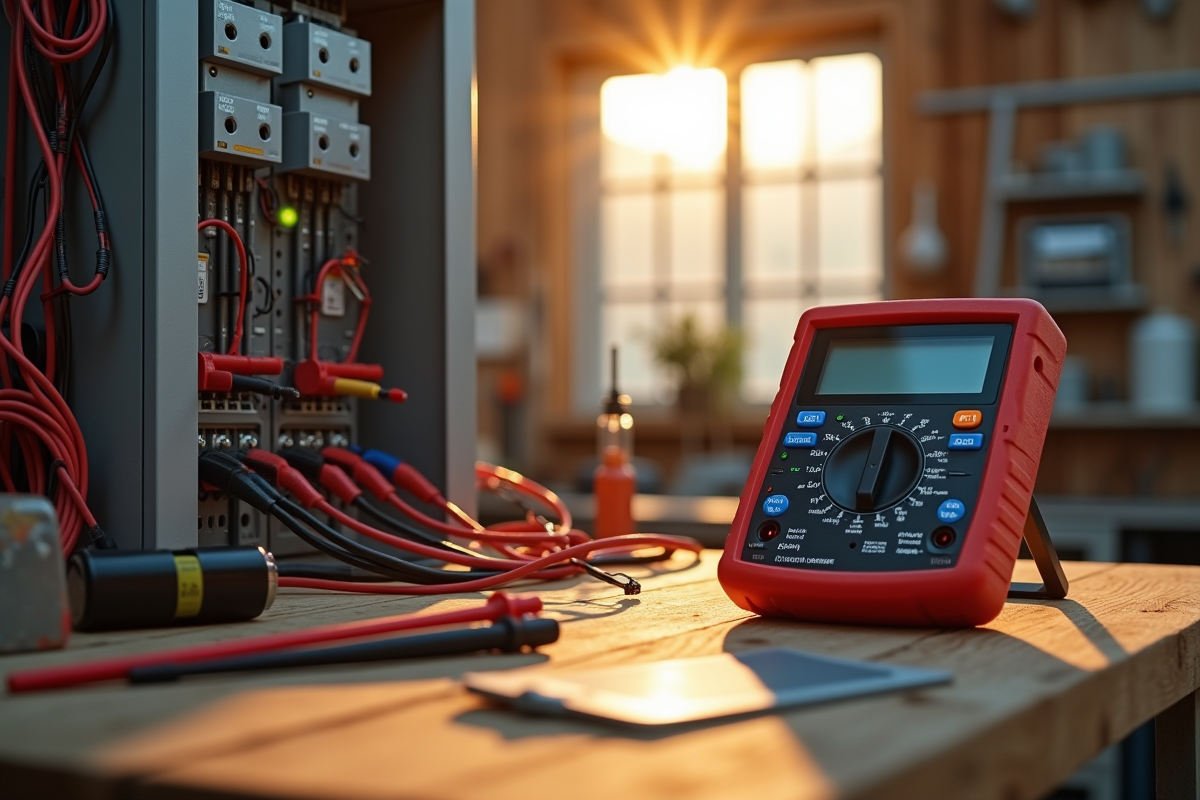 Outils électriques et multimètre sur un plan de travail en bois