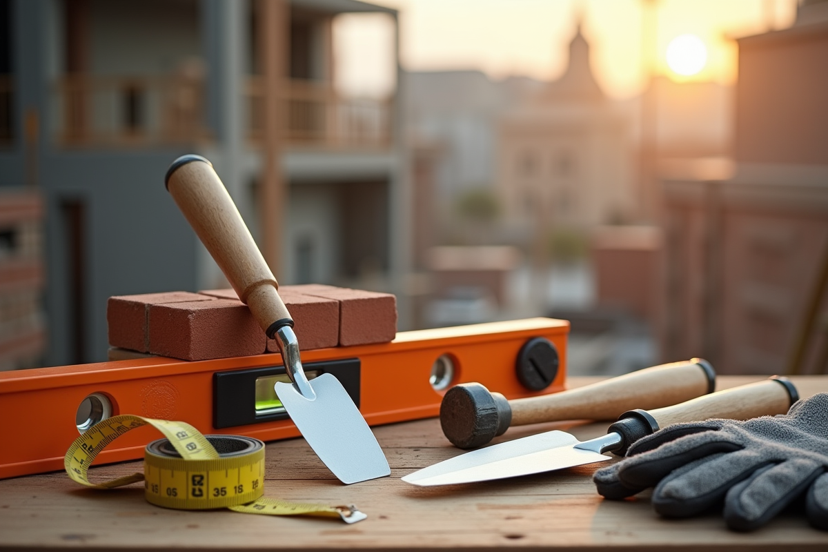 Outils essentiels de maçonnerie sur un plan de travail en bois