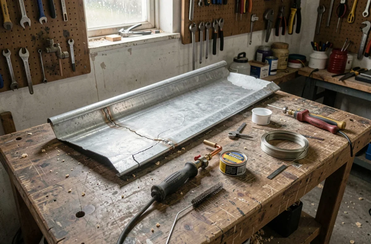 Outils de soudure zinc et section de gouttière ancienne posés sur un établi de couvreur