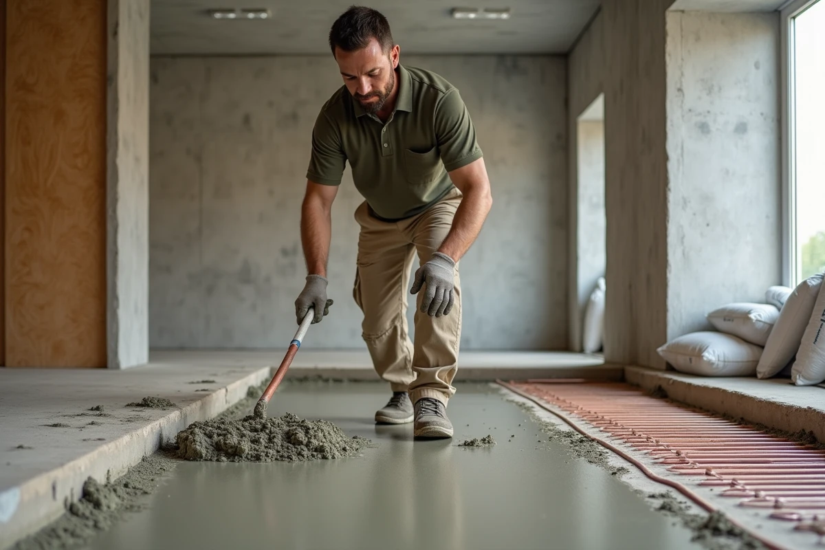 Ouvrier lissant une chape de béton sur un plancher chauffant avec des tuyaux apparents