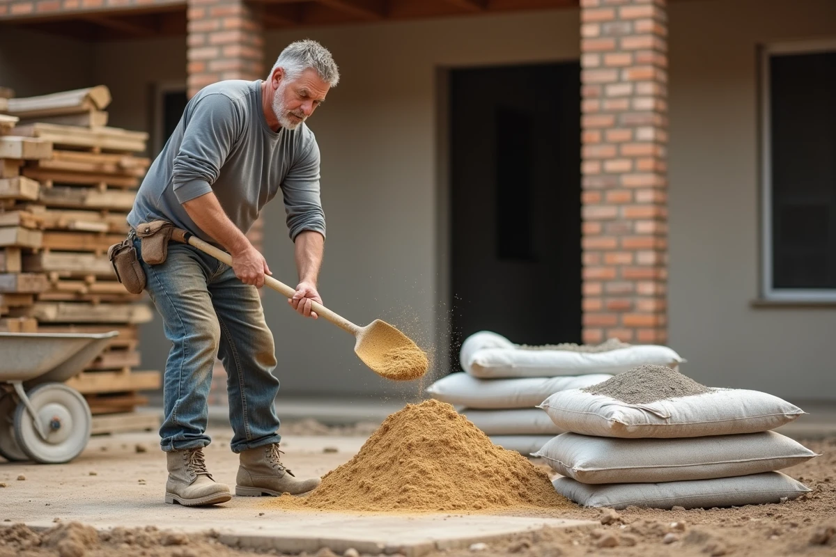 Ouvrier mélangeant du sable, du gravier et du ciment sur un chantier résidentiel avec une pelle