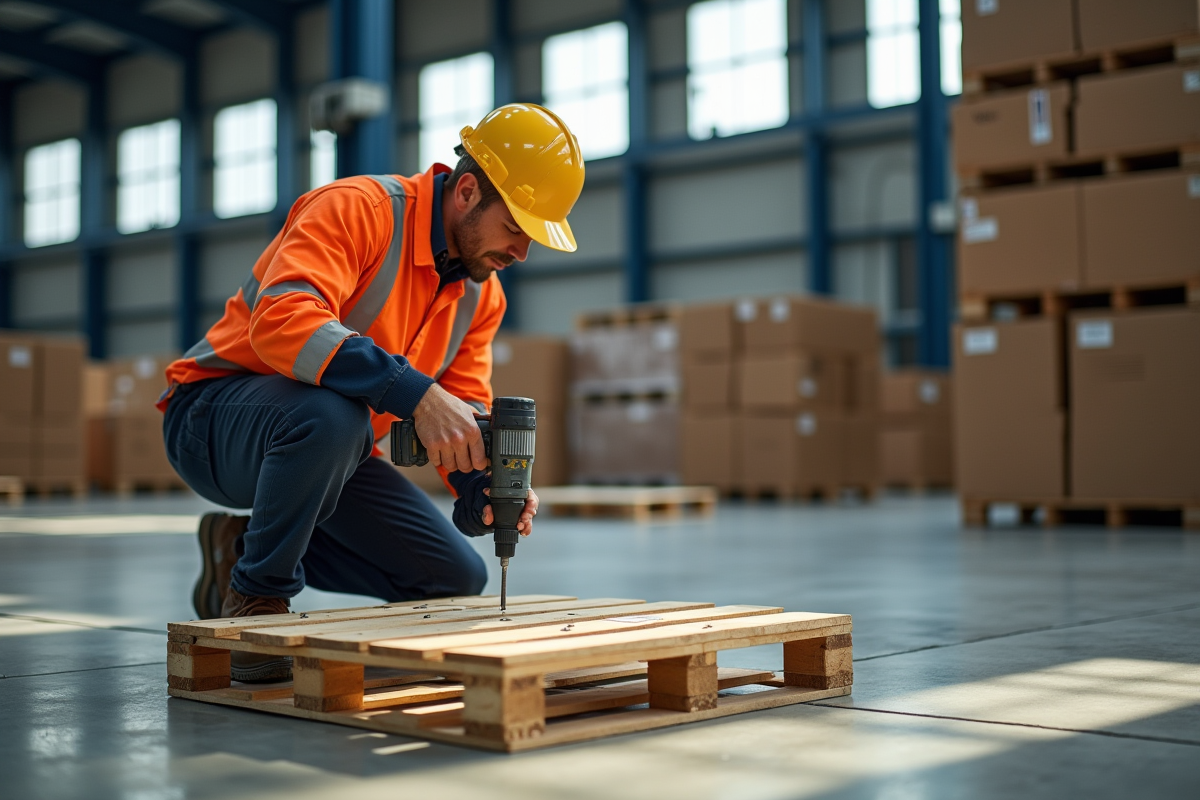 Ouvrier en équipement de sécurité utilisant une perceuse pour fixer une palette en bois au sol