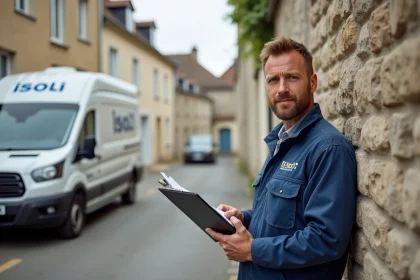 Ouvrier en overalls inspectant une facade r&eacute;nov&eacute;e en Mayenne