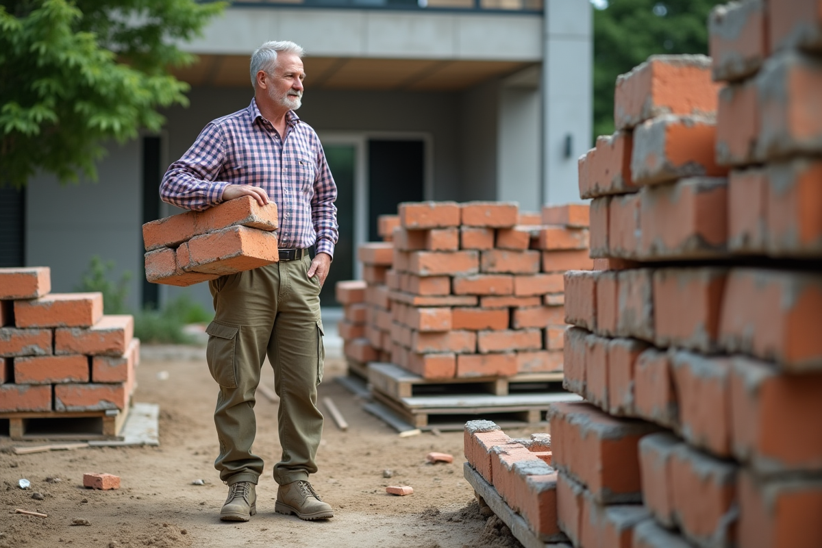 Ouvrier dans un chantier écologique avec matériaux recyclés