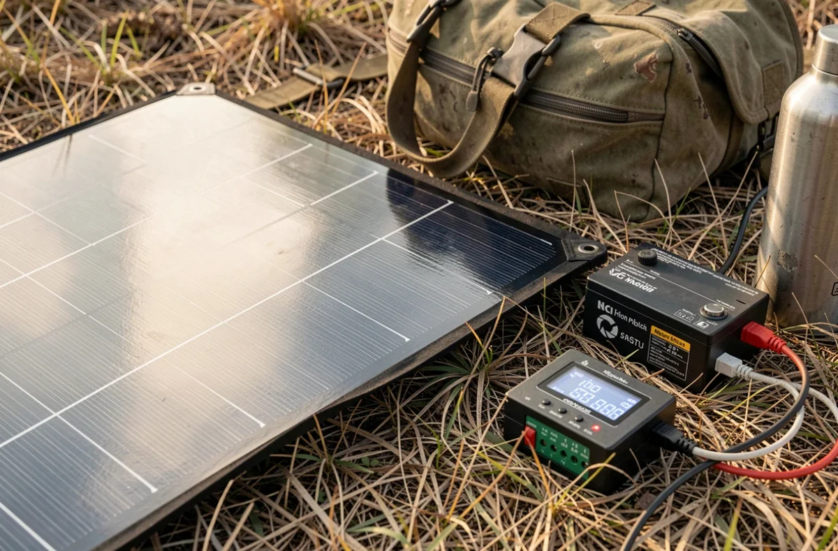 Panneau solaire portable 100W déplié dans l'herbe à côté d'une batterie lithium et d'un régulateur de charge solaire en contexte nomade hors réseau