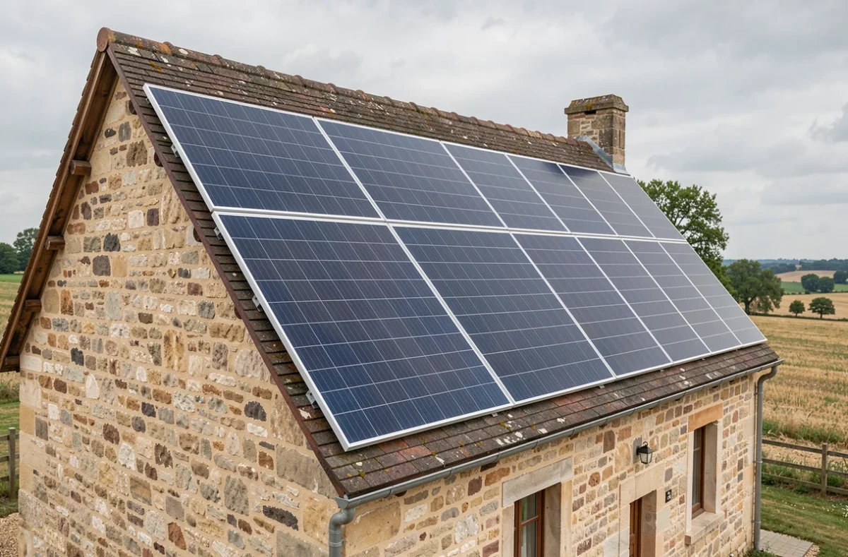 Panneaux photovoltaïques installés sur le toit d'une maison en pierre dans la campagne française