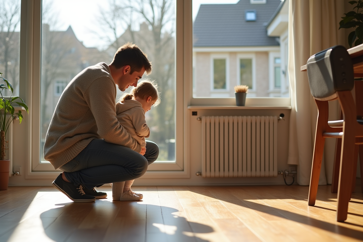 Père et fille regardant un radiateur numérique dans la salle à manger