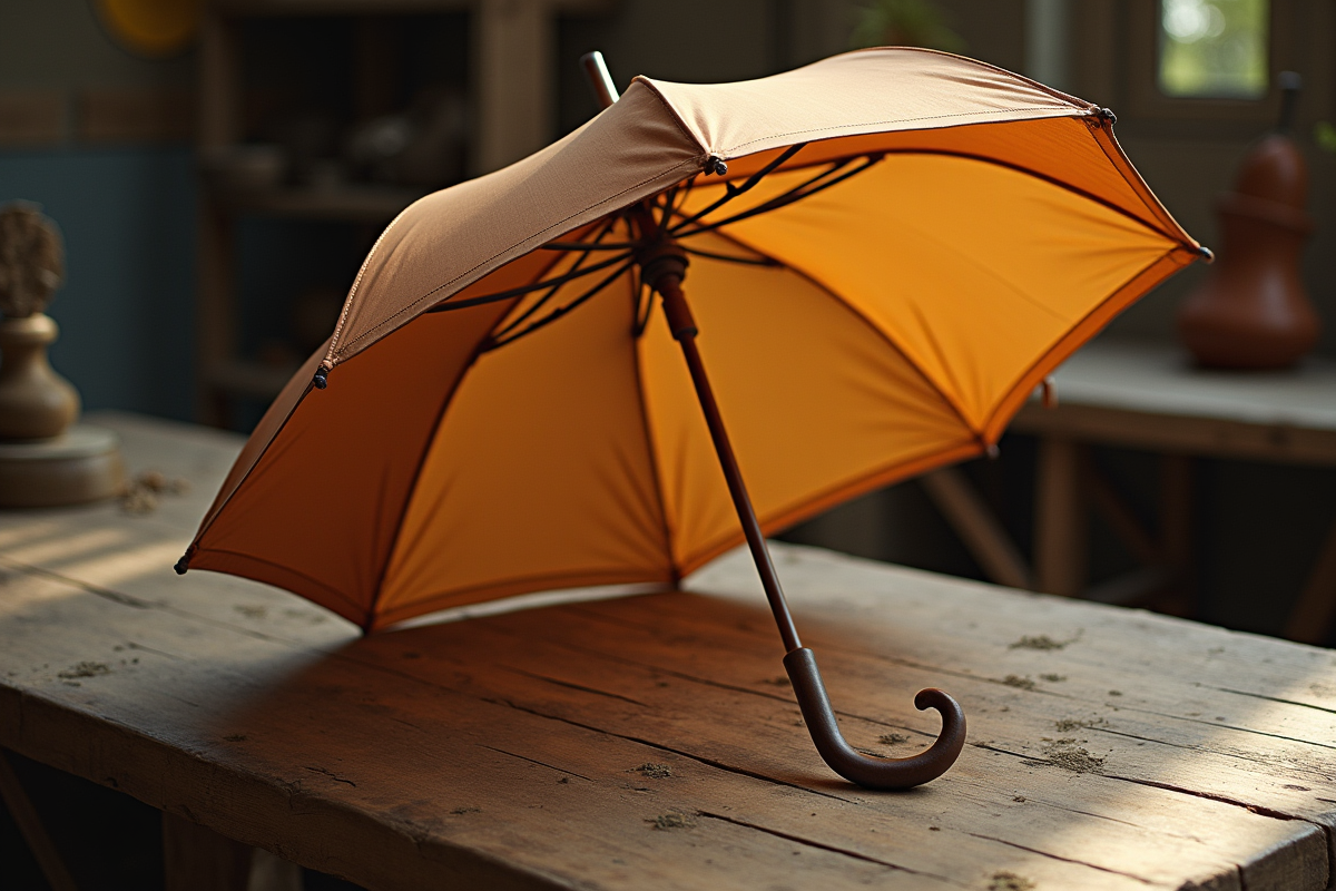 Parapluie de berger ancien ouvert sur une table en bois