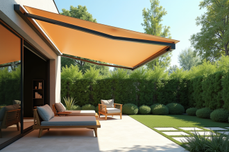 Patio moderne avec voile rétractable et mobilier extérieur