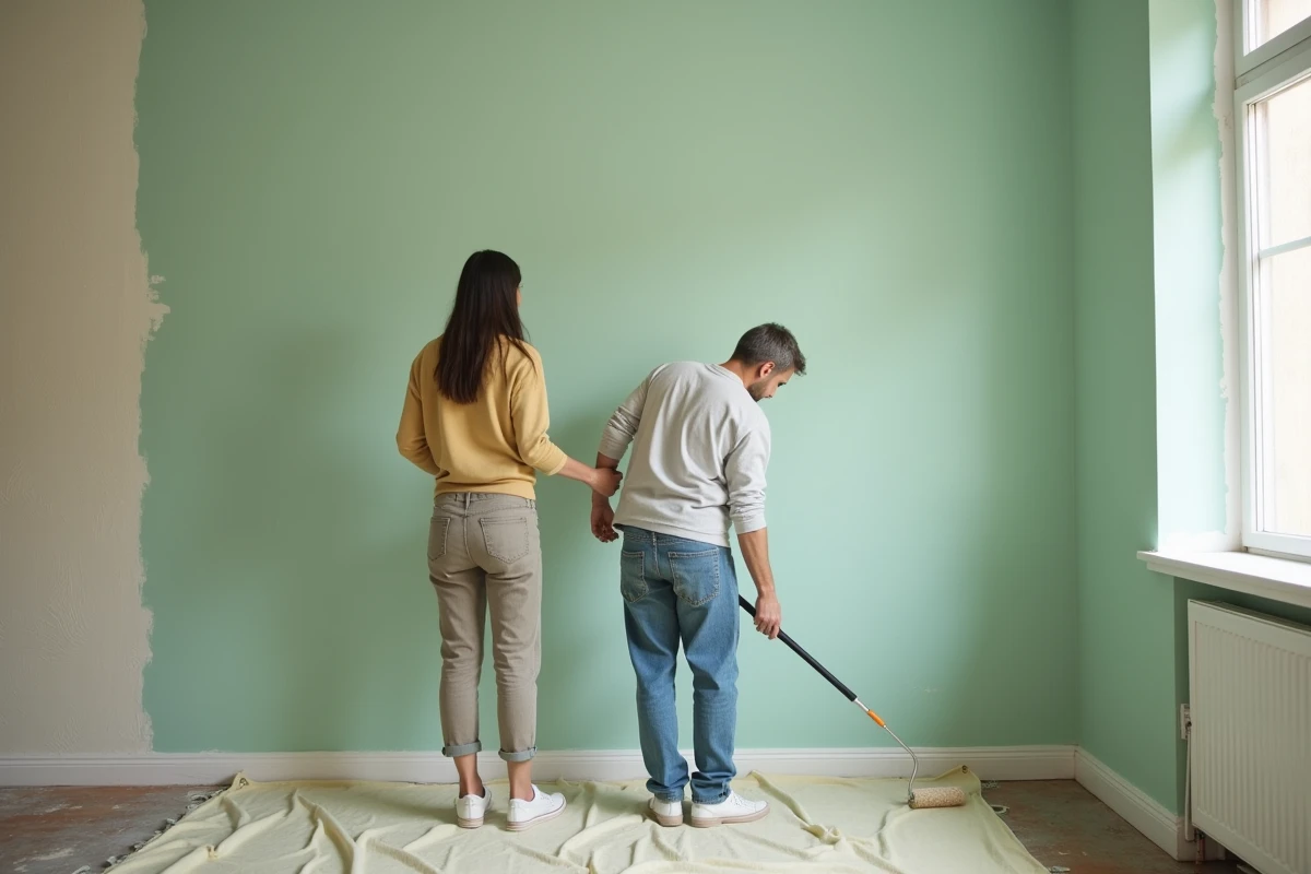 Couple peignant leur salon soi-même pour rénover leur intérieur avec un petit budget