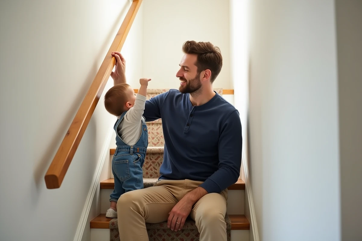 Père accompagnant son jeune enfant dans un escalier sécurisé avec rampe et barrière de protection