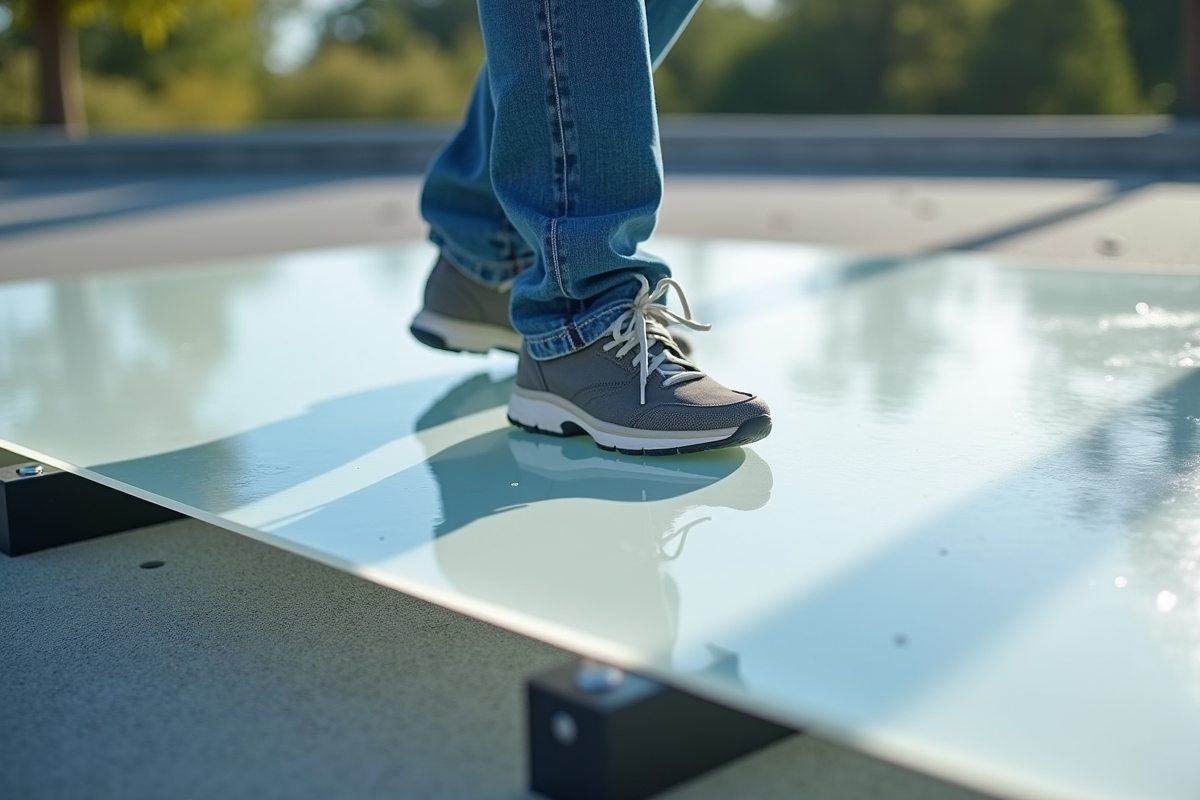 Personne en jeans marchant sur une plaque de polycarbonate en extérieur