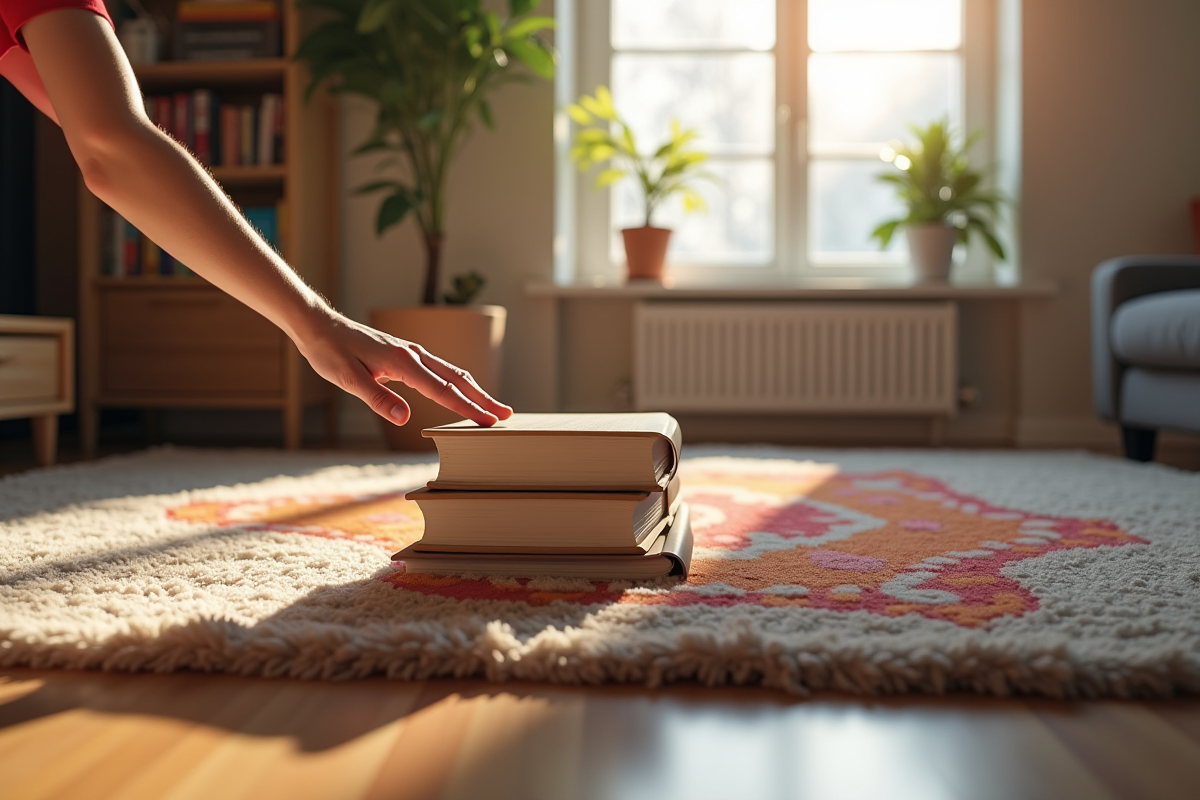Personne utilisant des livres pour aplatir un tapis coloré dans un salon lumineux