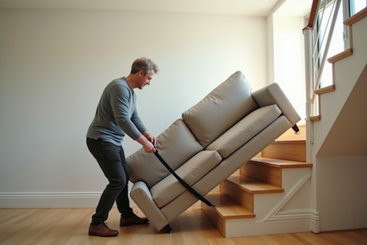 Une personne déplaçant un canapé lourd dans un intérieur minimaliste