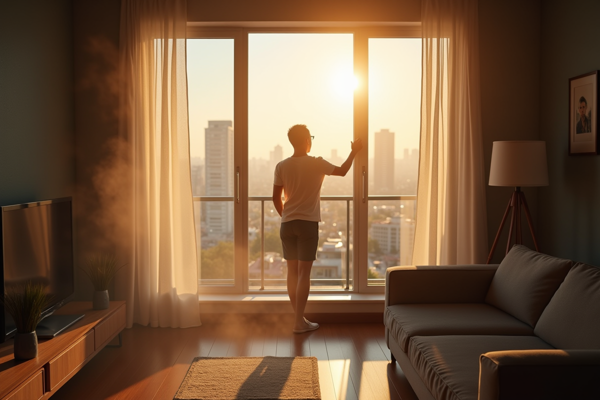 Personne ouvrant une fenêtre dans un salon lumineux avec vue sur la ville
