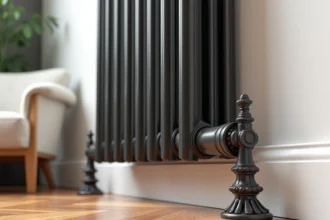 Pied en fonte ornemental posé sous un radiateur panneau moderne dans un salon contemporain, mettant en valeur le contraste entre fonte ancienne et acier moderne