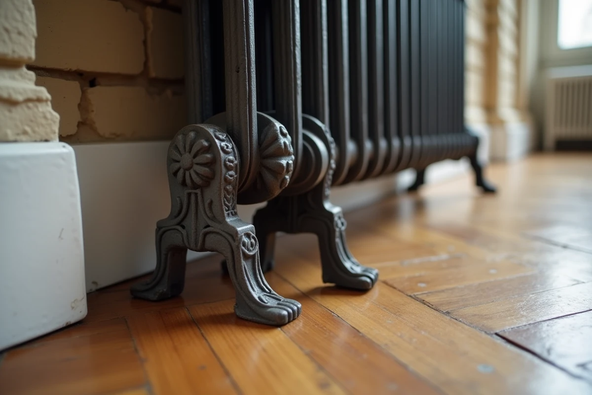 Gros plan sur deux pieds de radiateur en fonte de styles différents installés sous un radiateur horizontal moderne sur parquet en chêne