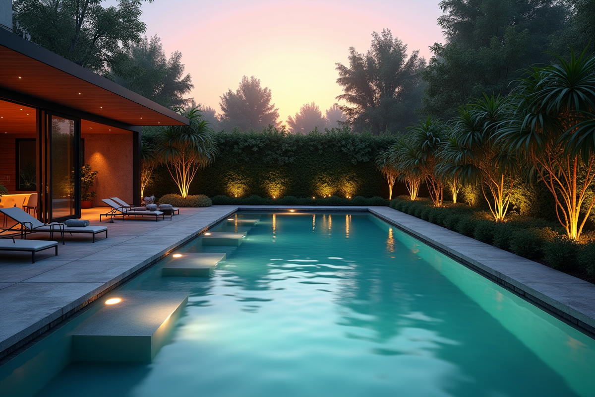 Piscine moderne au lever du soleil avec lumières douces