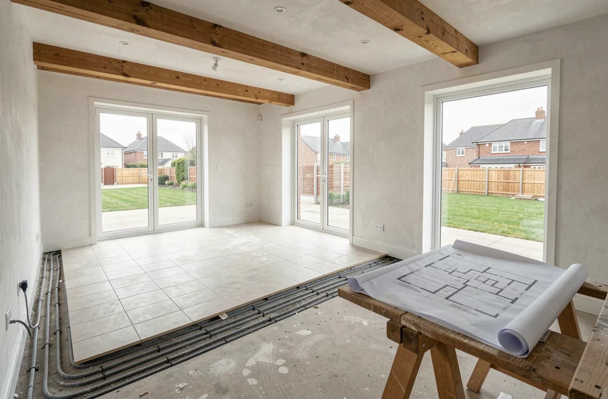 Chantier de rénovation avec plancher chauffant visible dans une maison spacieuse de grande superficie