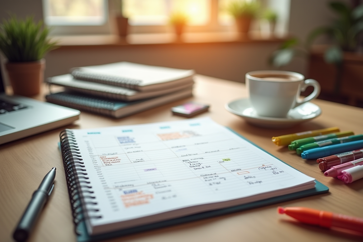 Planificateur ouvert avec calendrier et fournitures de déménagement