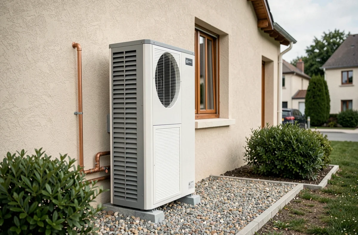 Pompe à chaleur air-eau 12 kW installée sur la façade extérieure d'une maison pavillonnaire française