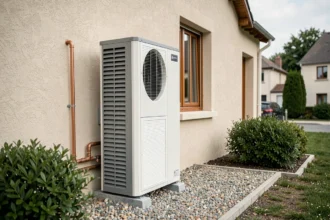 Pompe à chaleur air-eau 12 kW installée sur la façade extérieure d'une maison pavillonnaire française