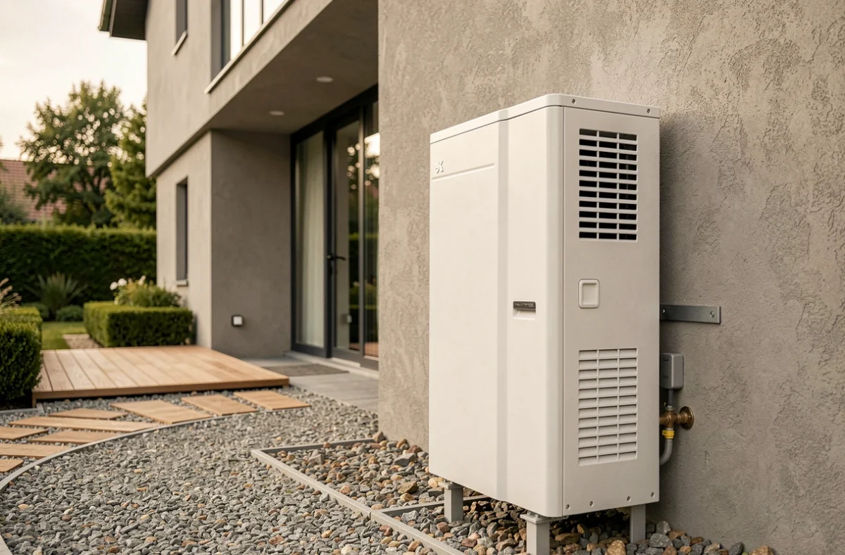 Pompe à chaleur air-eau installée sur la façade extérieure d'une grande maison moderne avec jardin paysager