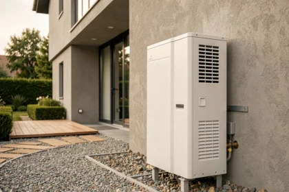 Pompe à chaleur air-eau installée sur la façade extérieure d'une grande maison moderne avec jardin paysager