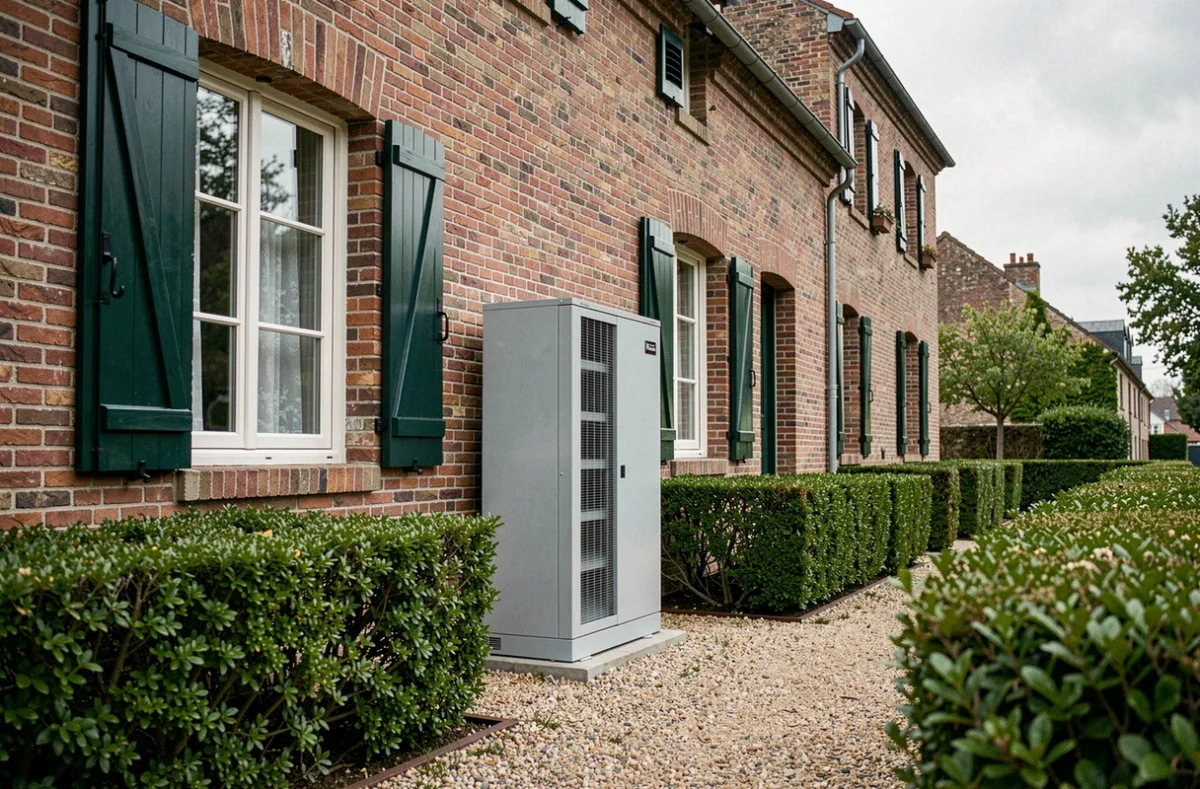 Pompe à chaleur air-eau installée sur le mur extérieur d'une maison en briques en France