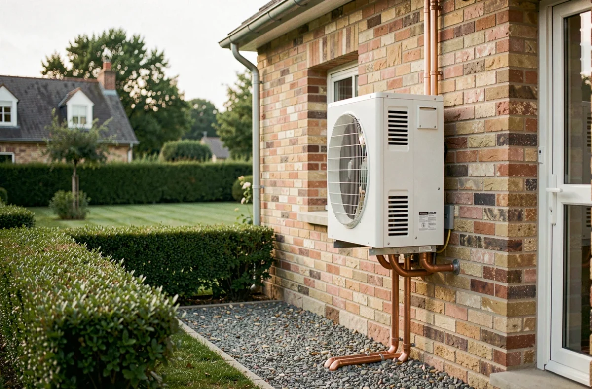 Pompe à chaleur air-air installée sur la façade extérieure d'une maison individuelle avec tuyaux en cuivre visibles