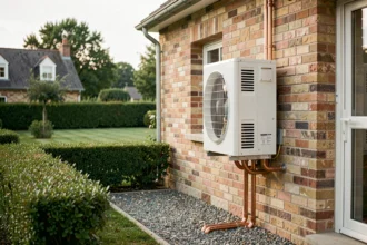 Pompe à chaleur air-air installée sur la façade extérieure d'une maison individuelle avec tuyaux en cuivre visibles
