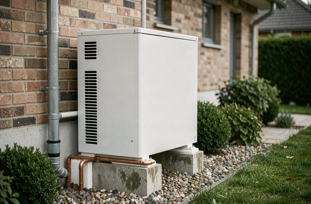 Pompe à chaleur air-eau Fujitsu installée sur la façade extérieure d'une maison moderne avec raccordements cuivre visibles